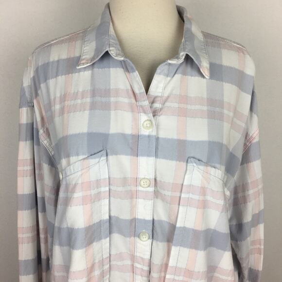 Free People Blue & Pink Plaid Button Down Medium - Picture 3 of 9